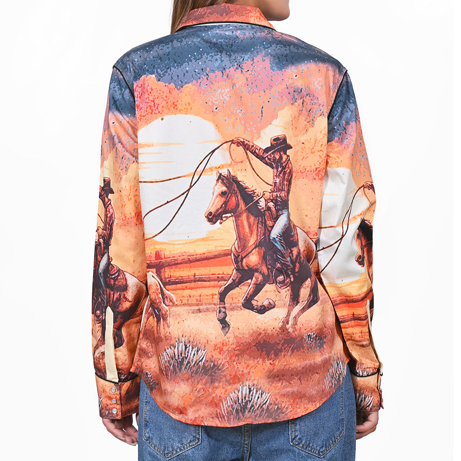 American Darling 100% Satin Cotton Western Shirt – Sunset Cowboy Rodeo Graphic Button Down Top