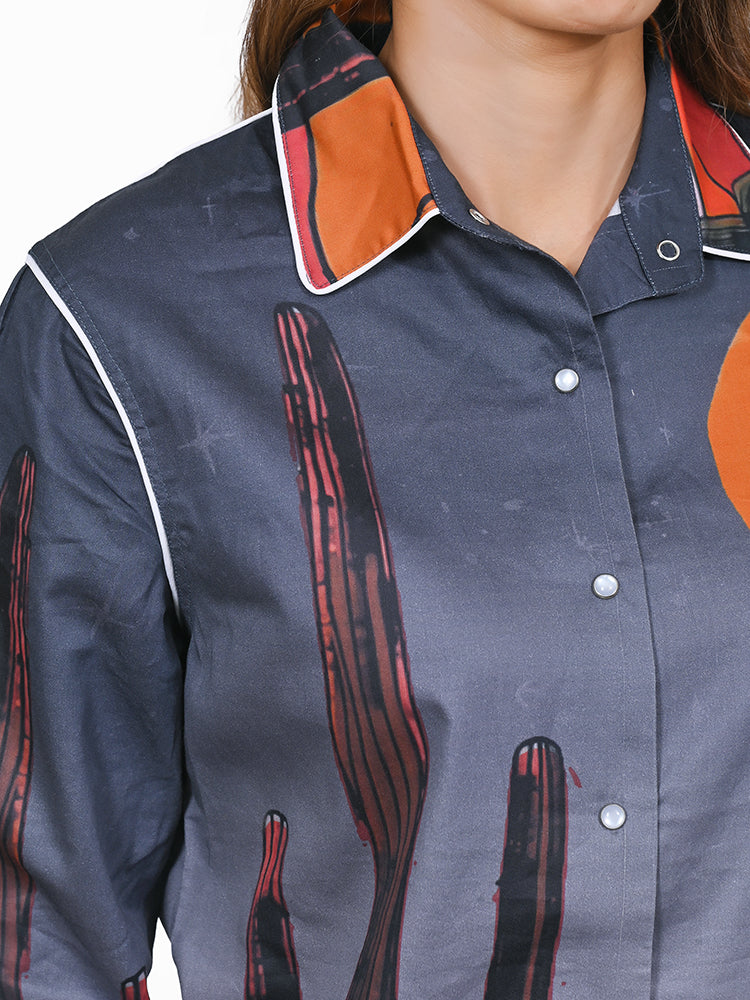 American Darling 100% Satin Cotton Western Shirt – Desert Cactus Graphic Button Down Top