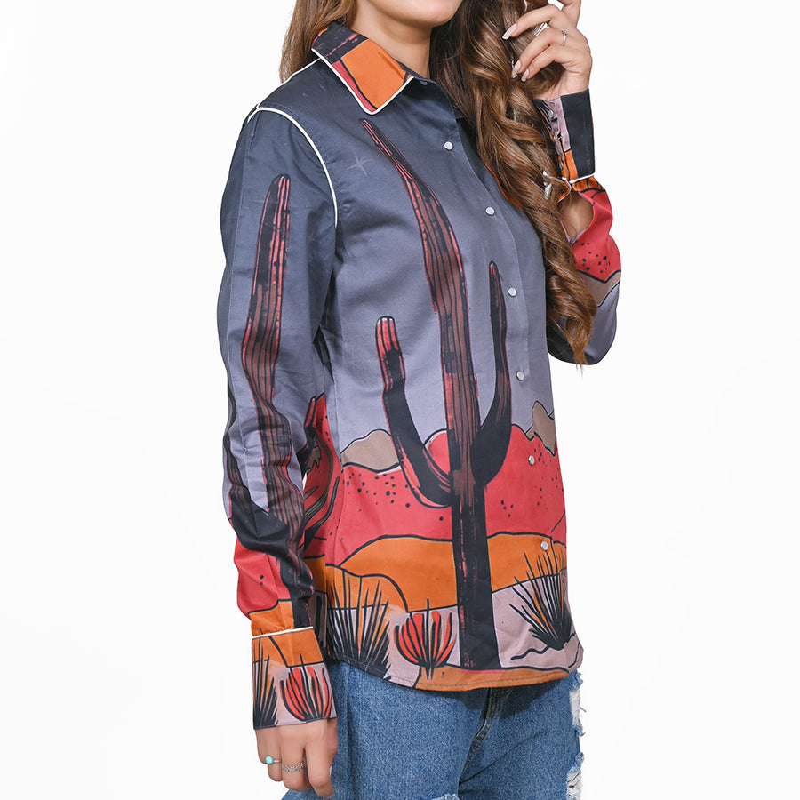 American Darling 100% Satin Cotton Western Shirt – Desert Cactus Graphic Button Down Top