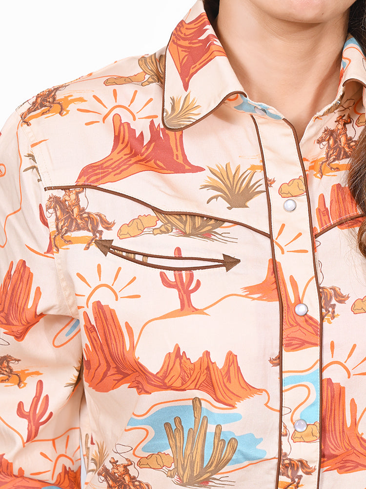 American Darling 100% Satin Cotton Western Shirt – Desert Canyon & Cowboy Print Button Down Top