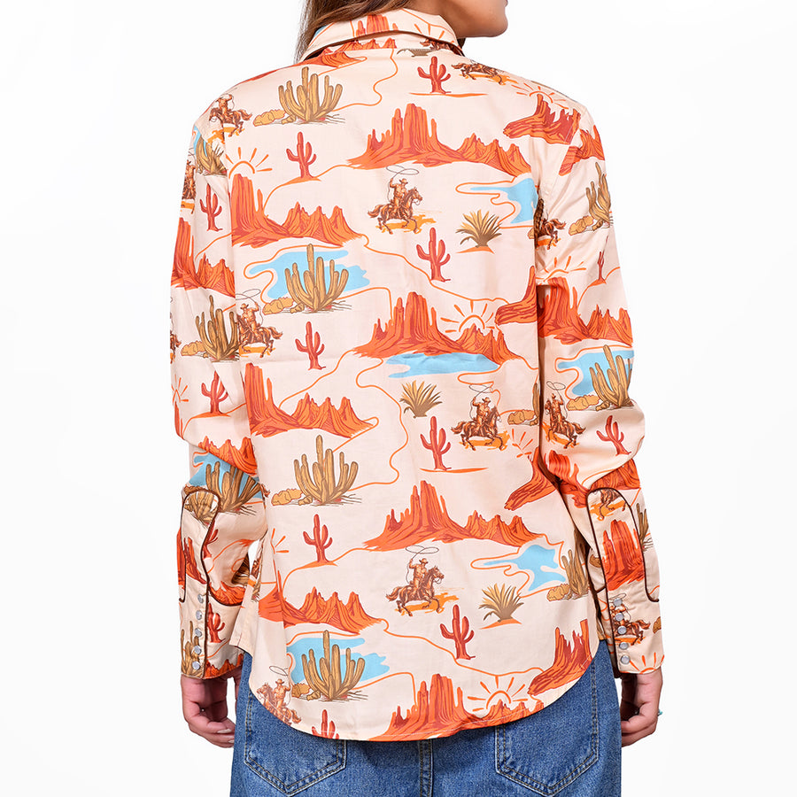 American Darling 100% Satin Cotton Western Shirt – Desert Canyon & Cowboy Print Button Down Top