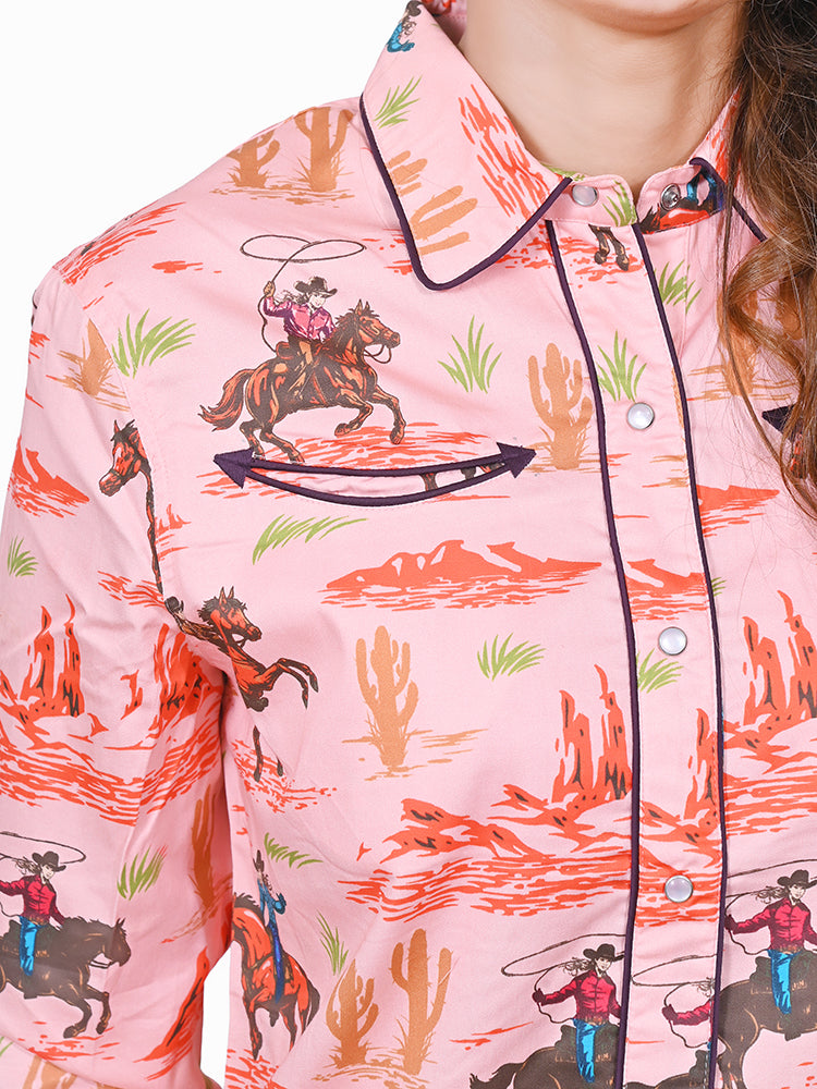 American Darling 100% Satin Cotton Western Shirt – Pink Cowboy Lasso Graphic Button Down Top