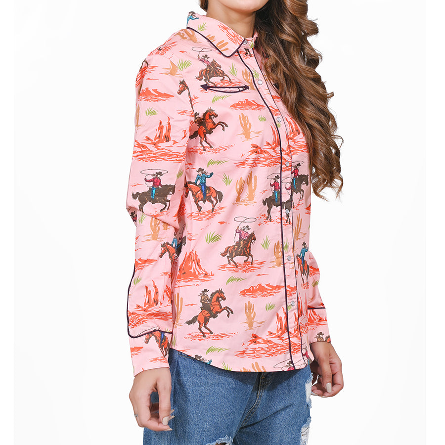 American Darling 100% Satin Cotton Western Shirt – Pink Cowboy Lasso Graphic Button Down Top