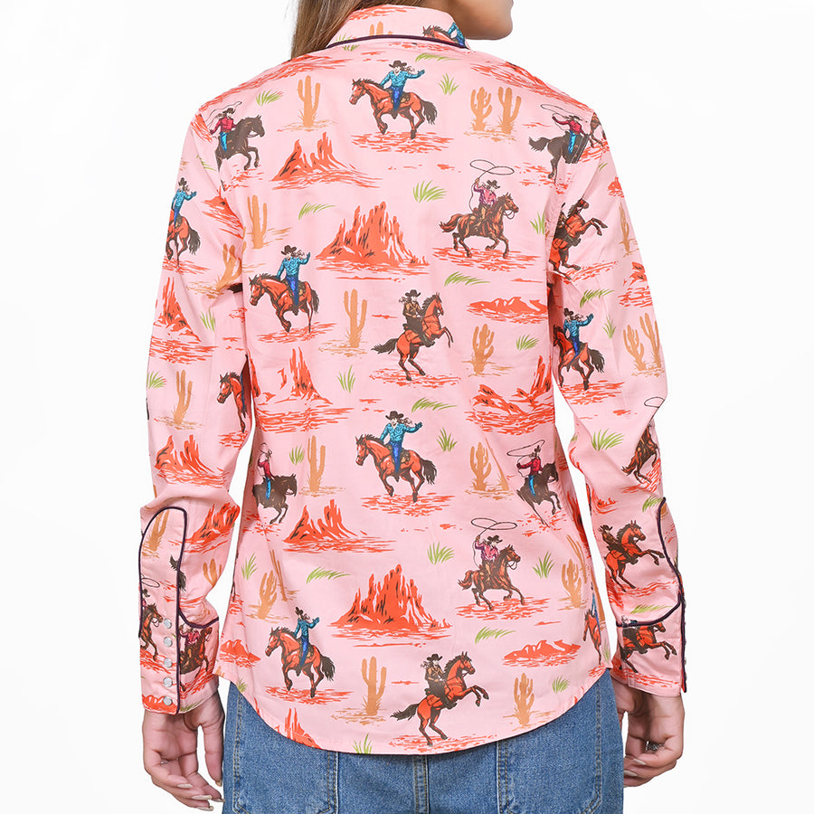 American Darling 100% Satin Cotton Western Shirt – Pink Cowboy Lasso Graphic Button Down Top