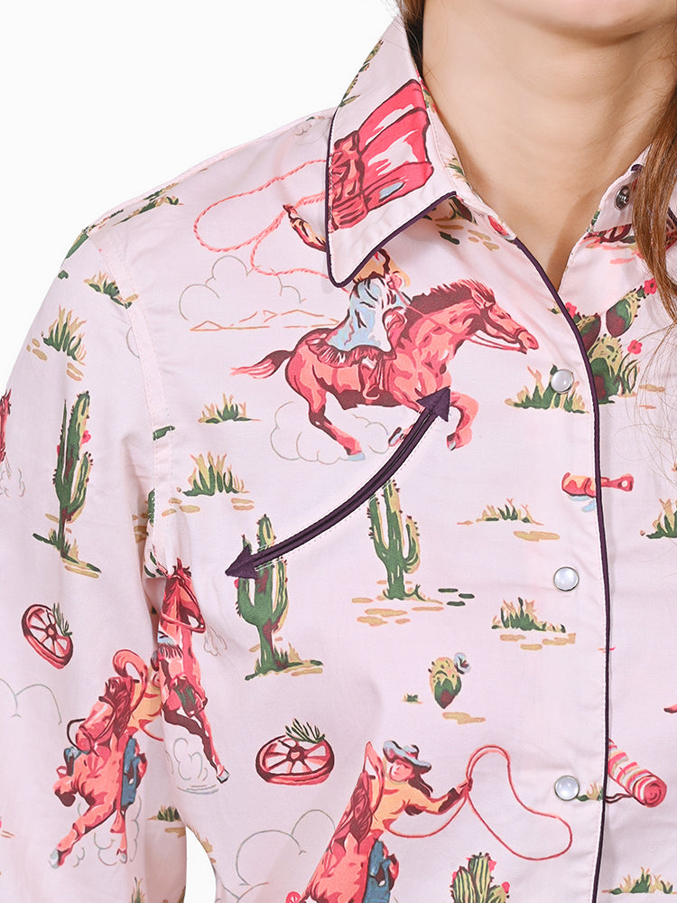 American Darling 100% Satin Cotton Western Shirt – Soft Pink Cowgirl Rodeo Print Button Down Top