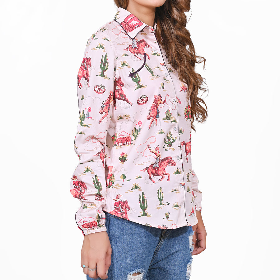 American Darling 100% Satin Cotton Western Shirt – Soft Pink Cowgirl Rodeo Print Button Down Top