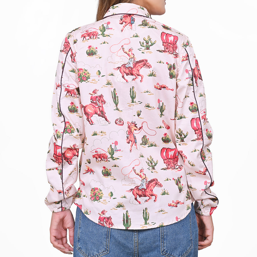 American Darling 100% Satin Cotton Western Shirt – Soft Pink Cowgirl Rodeo Print Button Down Top