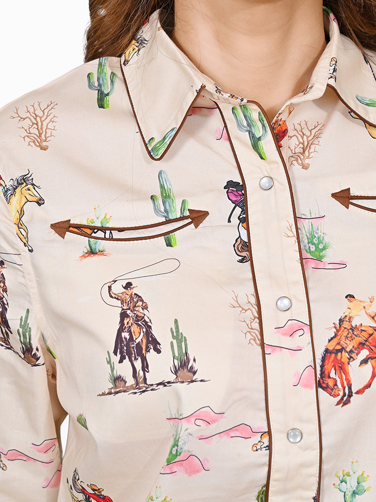 American Darling 100% Satin Cotton Western Shirt – Cream Rodeo Bronco Print Button Down Top