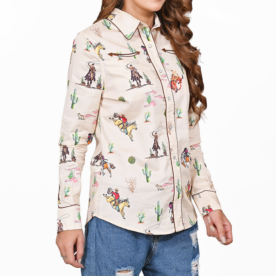 American Darling 100% Satin Cotton Western Shirt – Cream Rodeo Bronco Print Button Down Top