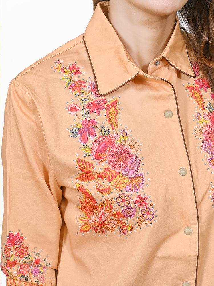 American Darling 100% Satin Cotton Western Shirt – Peach Floral Crystal Rhinestone Snap Top