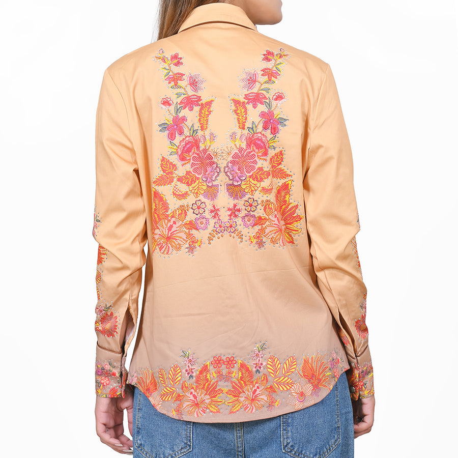 American Darling 100% Satin Cotton Western Shirt – Peach Floral Crystal Rhinestone Snap Top