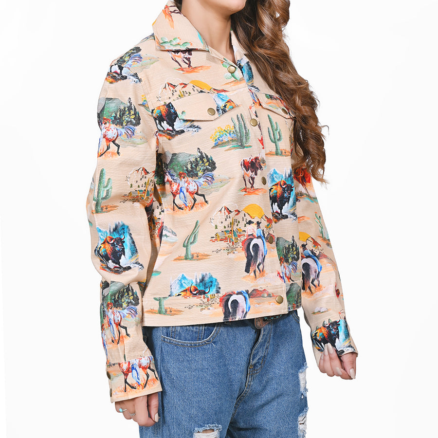 American Darling Cotton Lycra Western Stretch Jacket – Desert Wildlife Bison & Longhorn Print