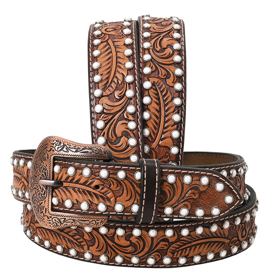 BAR H EQUINE Floral Leaf White Crystal Hand Carved Western Leather Men And Women Belt Brown - Uhorse