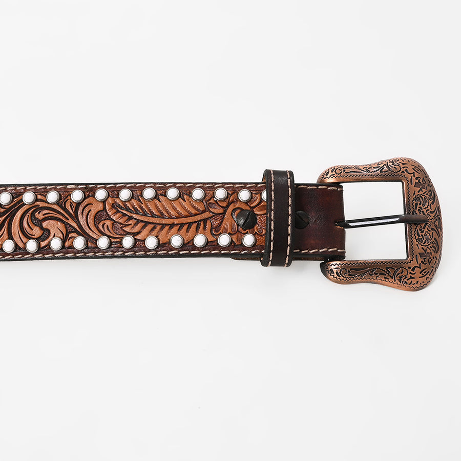 Bar H Equine Floral Leaf White Crystal Hand Carved Genuine Leather Brown Unisex Western Belt | for Men Women wit