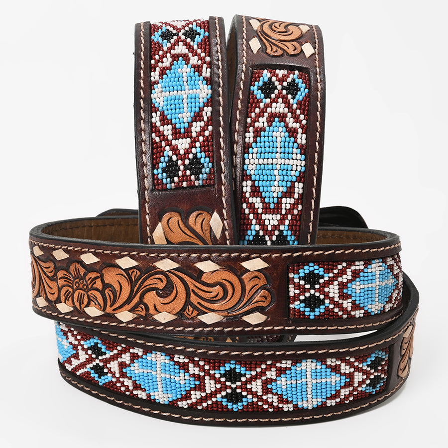 Bar H Equine Hand Tooled Genuine Leather Crafted Unisex Brown Western Belt Beaded Carving | Bead Belts for Women Men