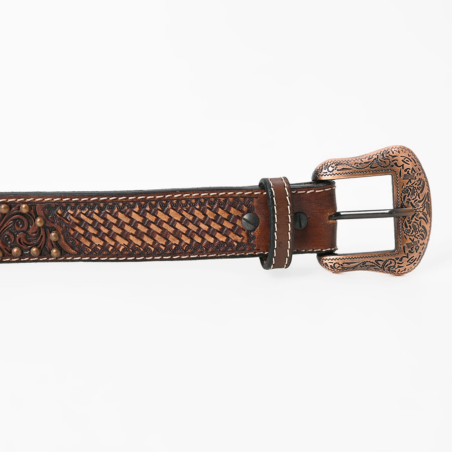 BAR H EQUINE Brown Floral Basket Hand Tooled Genuine Leather Men & Women Belt Unisex Western with Removable Buckle