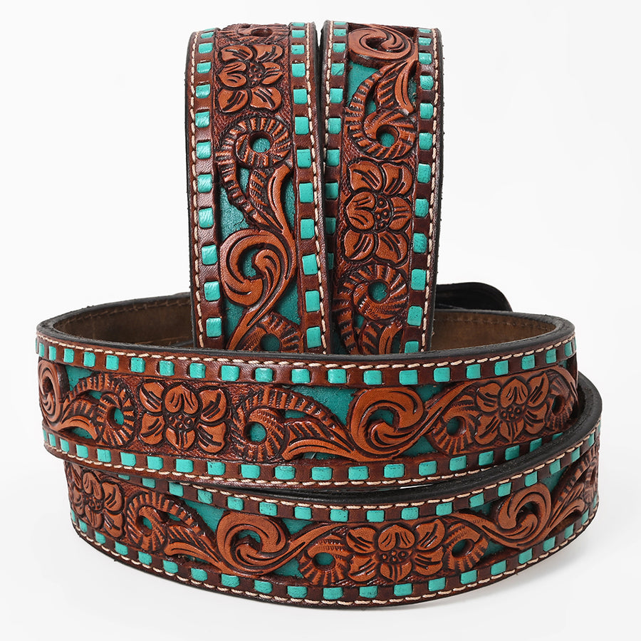 BAR H EQUINE Brown Floral Cactus Bull Hand Carved Genuine Leather Men & Women Belt Unisex Western with Removable Buckle