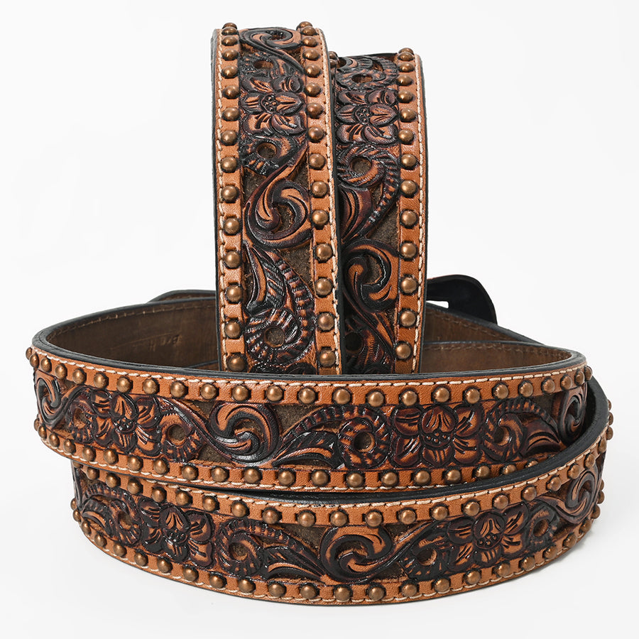 BAR H EQUINE Brown Turquoise Buckstitch Floral Carved Genuine Leather Men & Women Belt Unisex Western with Removable Buckle