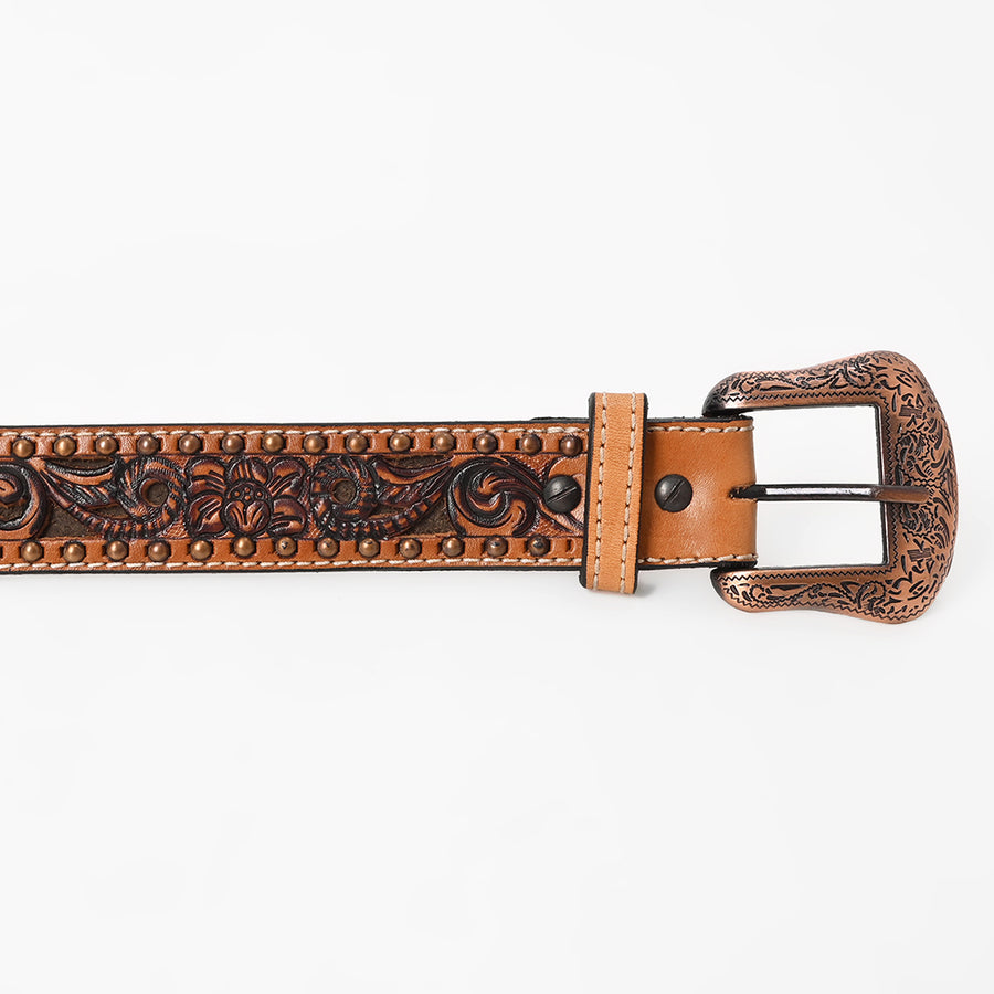 BAR H EQUINE Brown Turquoise Buckstitch Floral Carved Genuine Leather Men & Women Belt Unisex Western with Removable Buckle