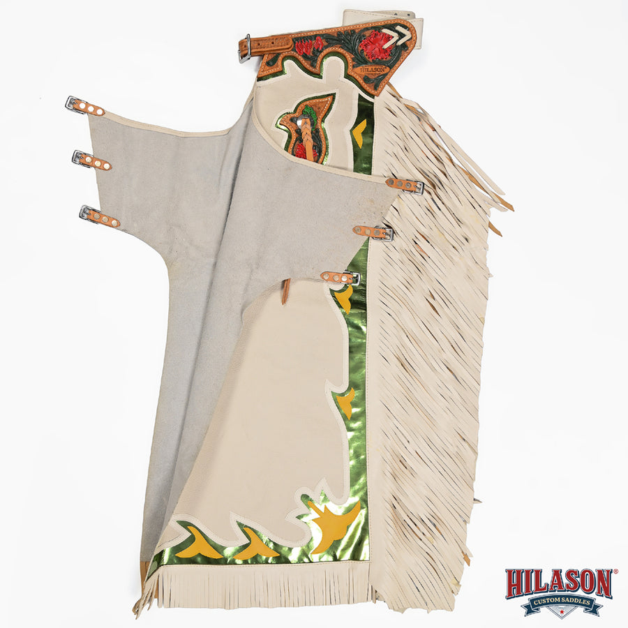 HILASON Bronc Bull Riding Genuine Leather Rodeo Western Chaps White Green Base | for Men and Women Unisex