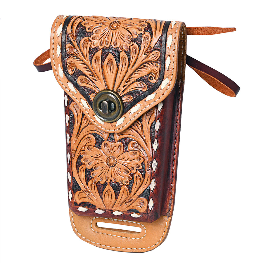 Hilason Horse Saddle Gorgeous Floral Tooled American Leather Cell Phone Case Pouch Tan-Dark Brown - Uhorse