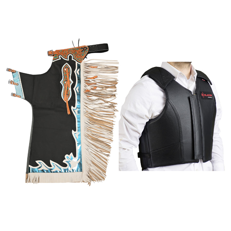 HILASON Western Horse Bull Riding Safety Leather Protective Vest and Rodeo Chaps Combo - Uhorse