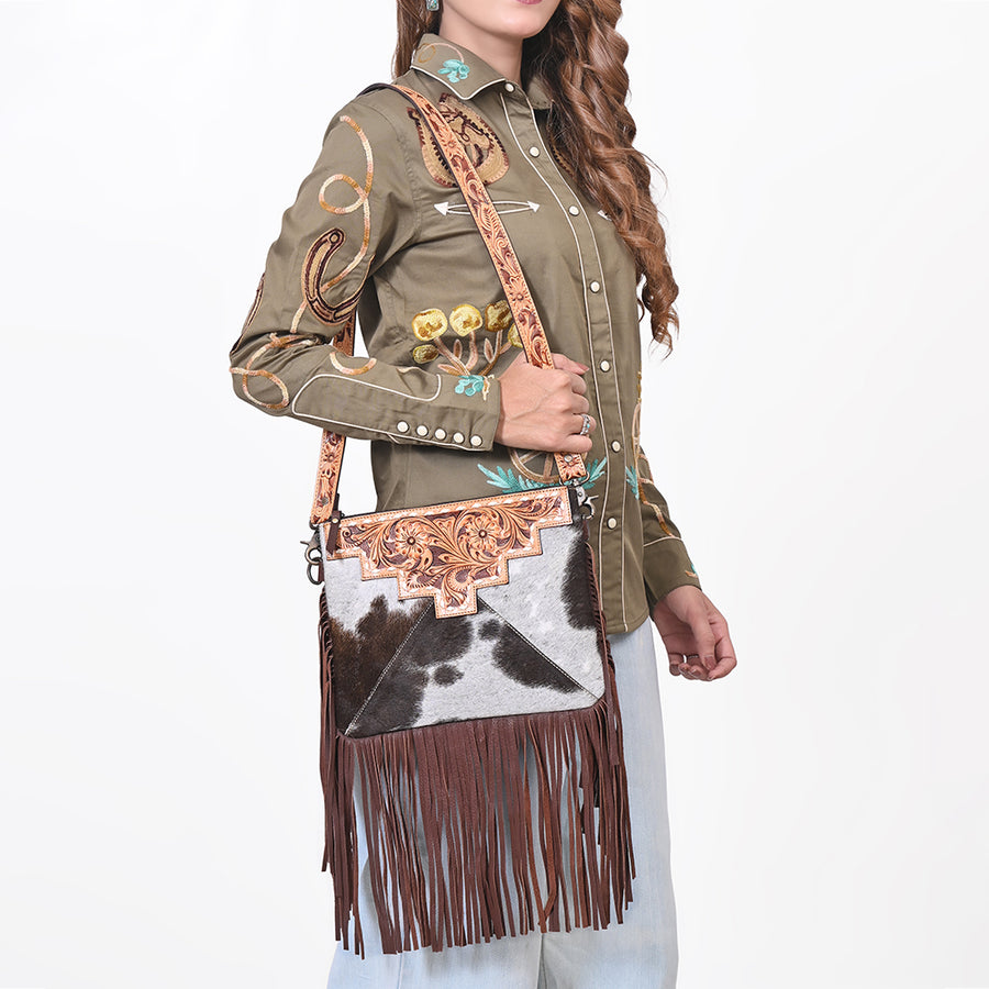 OHLAY Cross Body Hand Tooled Hair-On Genuine Leather Women Bag Western Handbag Purse | for
