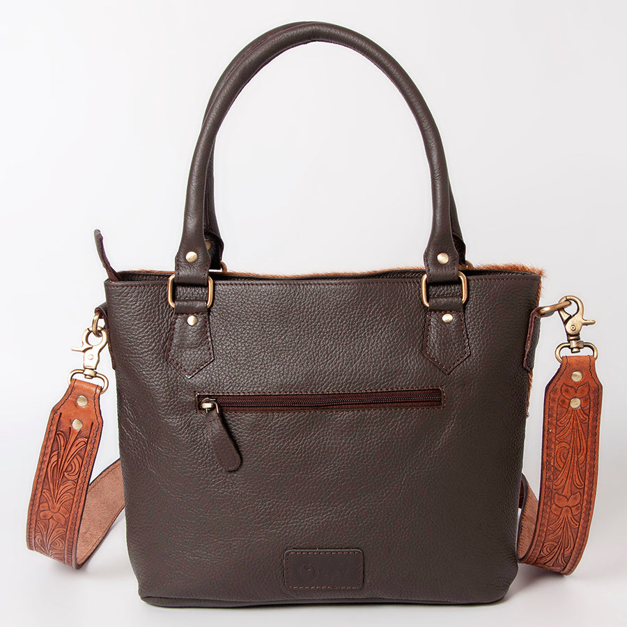 Ohlay Genuine Leather Hair-On Cowhide Sunflower Hand-Tooled Tote Bag