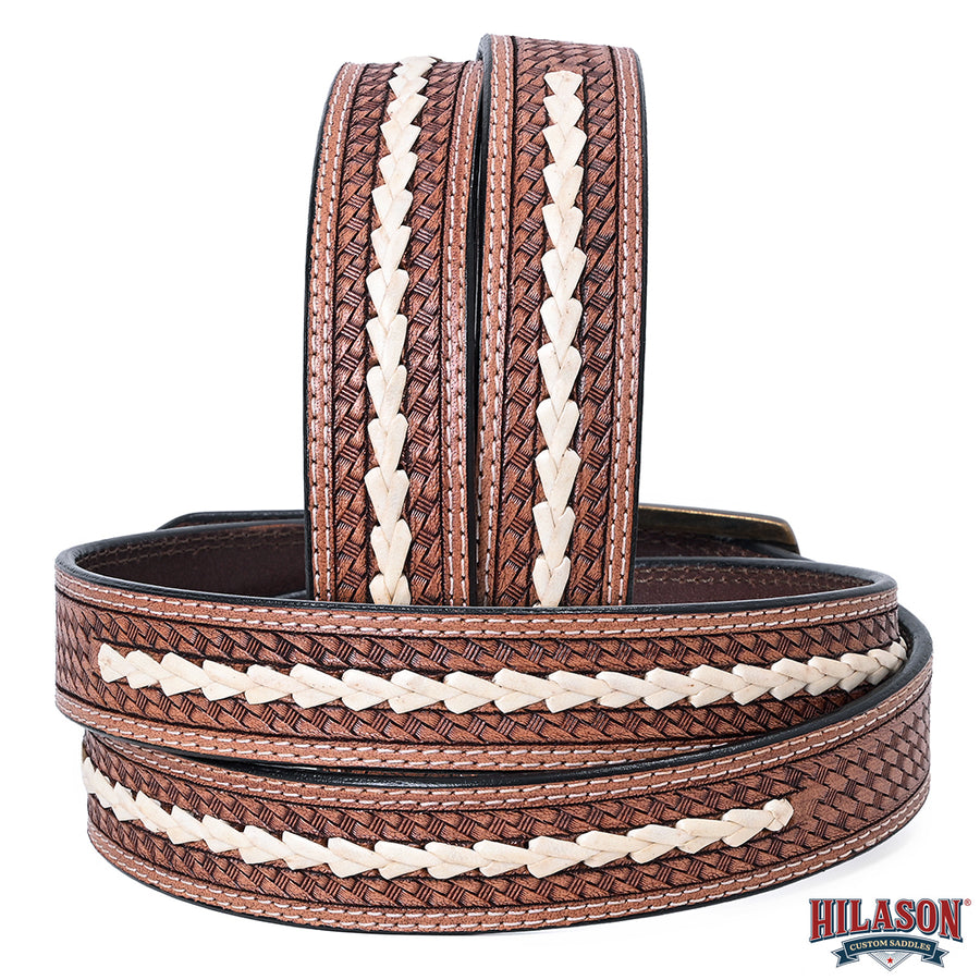 Hilason Hand-Tooled Basket Weave Leather Belt – Western Style with Engraved Buckle Tan