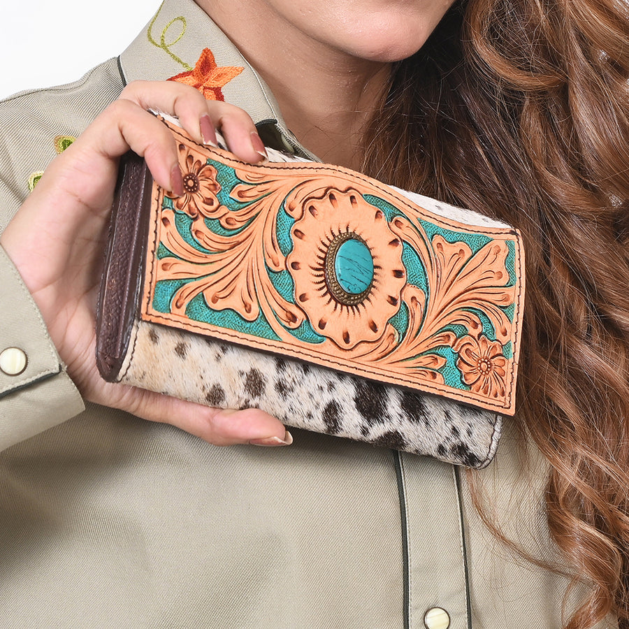 OHLAY Wallet Hand Tooled Hair-On Genuine Leather Women Bag Western Handbag Purse | Womens Handbags |Leather Belt for Summer