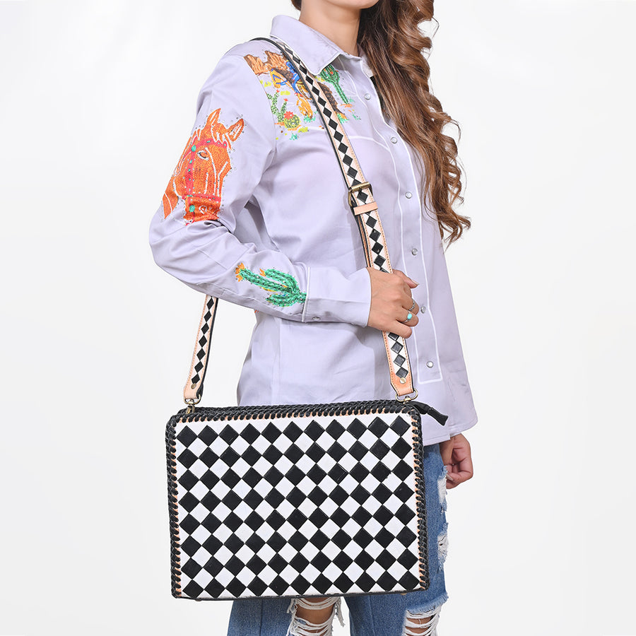 Ohlay Genuine Western Leather Crossbody Bag Diamond Checkerboard Shoulder
