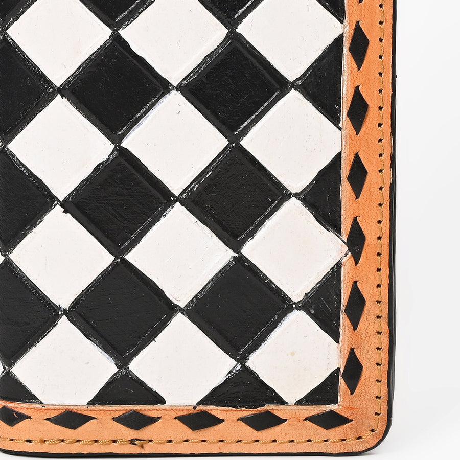Ohlay Genuine Western Leather Checkerboard Wallet Long Continental Purse