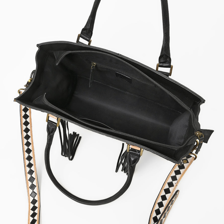 Ohlay Tote Hair-On Leather Checkerboard Western Handbag Fringe Shoulder Bag