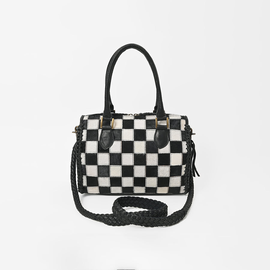 American Darling Hair-On Hide Satchel Bag for Women, Checkered Leather Handbag with Braided Crossbody Strap Black & White