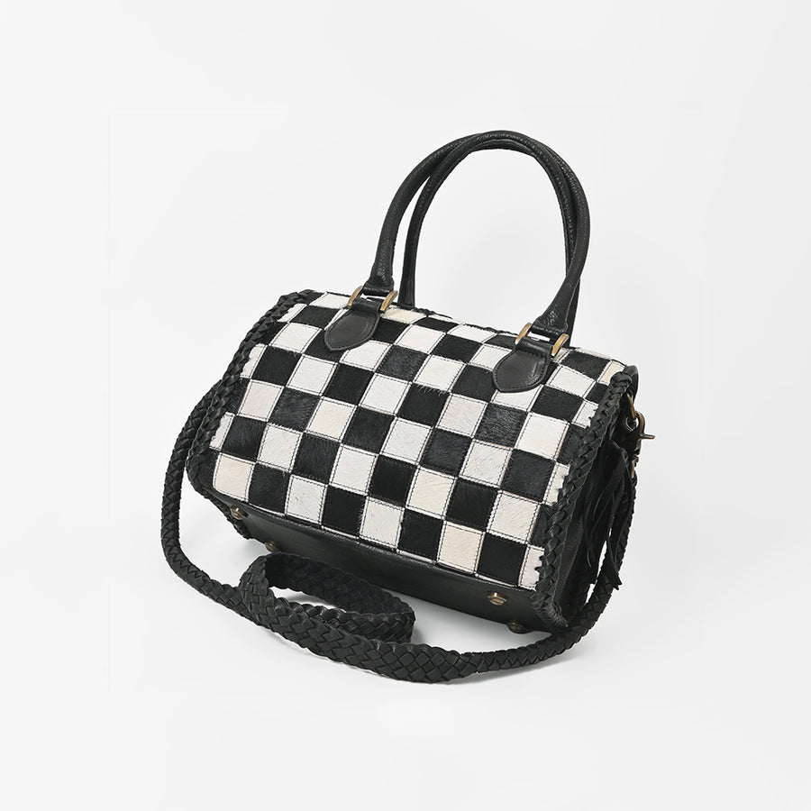 American Darling Hair-On Hide Satchel Bag for Women, Checkered Leather Handbag with Braided Crossbody Strap Black & White