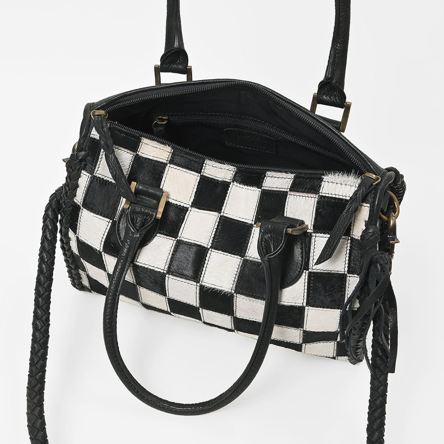 American Darling Hair-On Hide Satchel Bag for Women, Checkered Leather Handbag with Braided Crossbody Strap Black & White