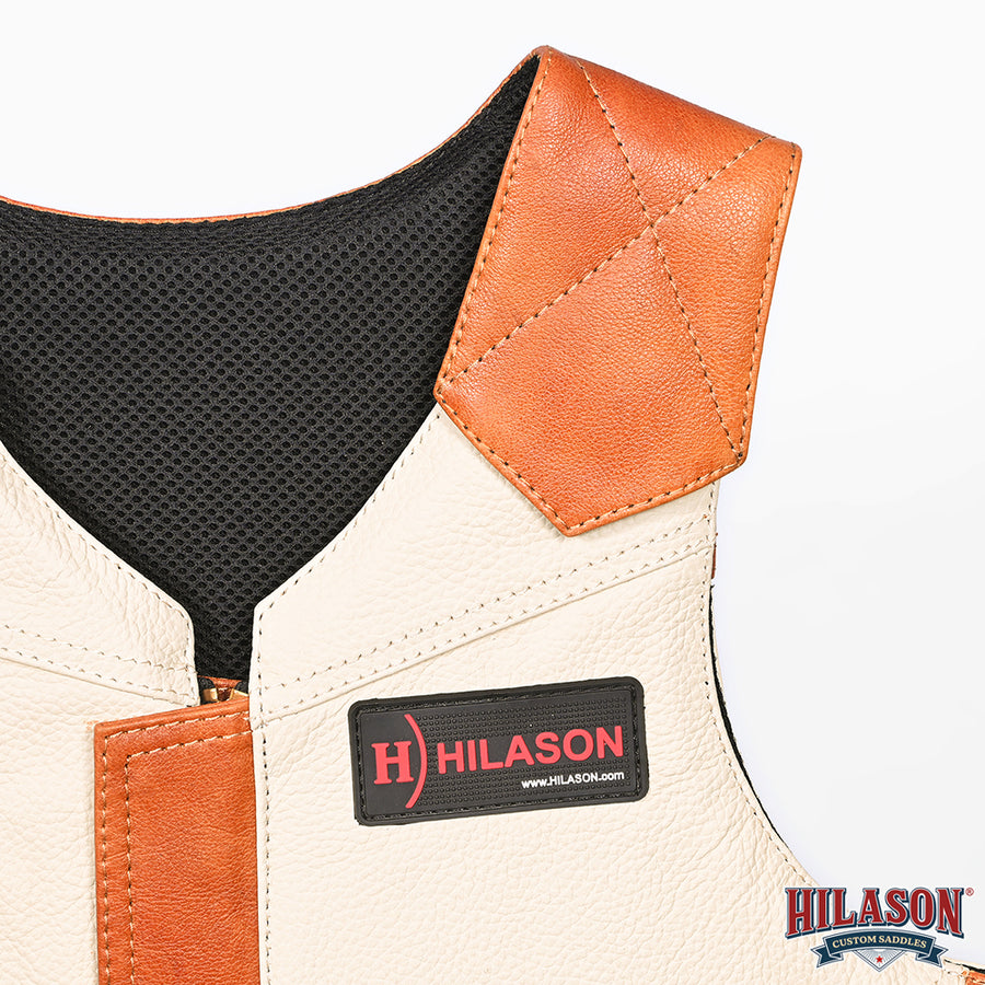 Lrg Hilason Western Horse Bull Riding Vest Pro Rodeo Leather Gear Equipment Brown/White Safety Protective