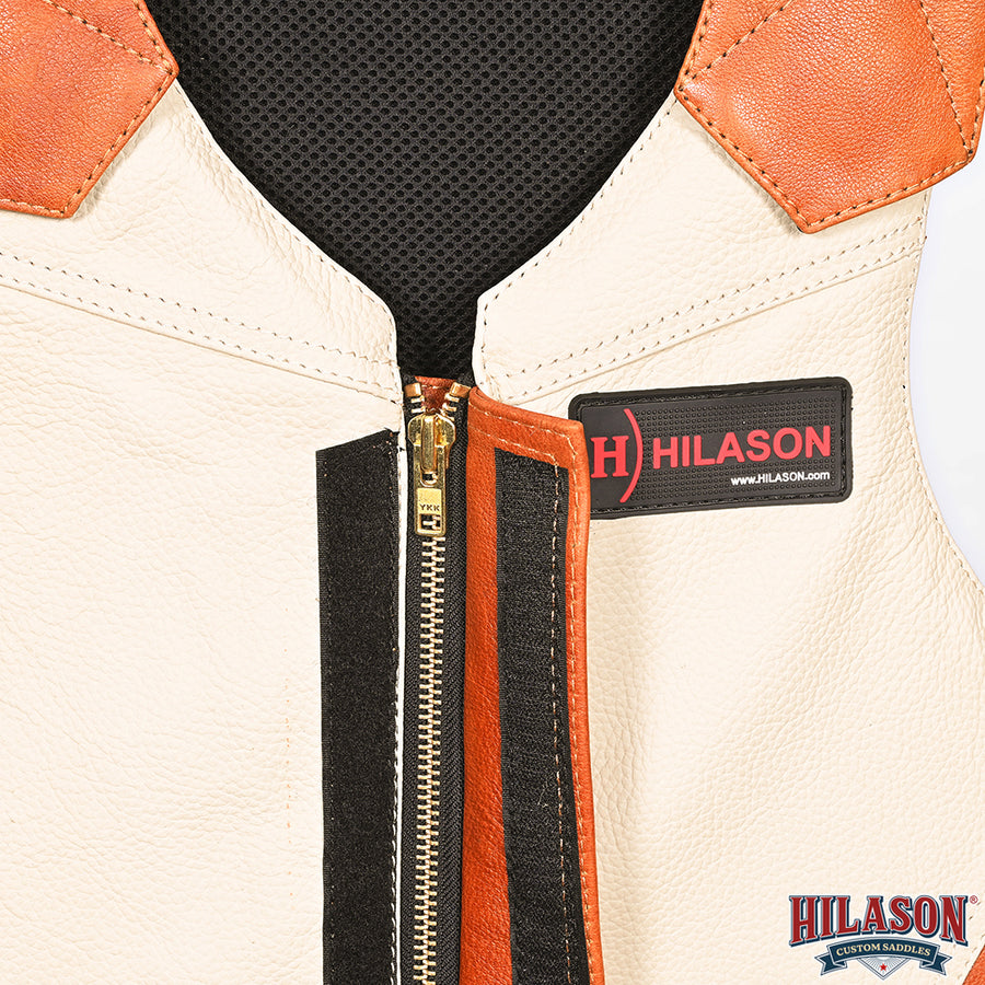 Lrg Hilason Western Horse Bull Riding Vest Pro Rodeo Leather Gear Equipment Brown/White Safety Protective