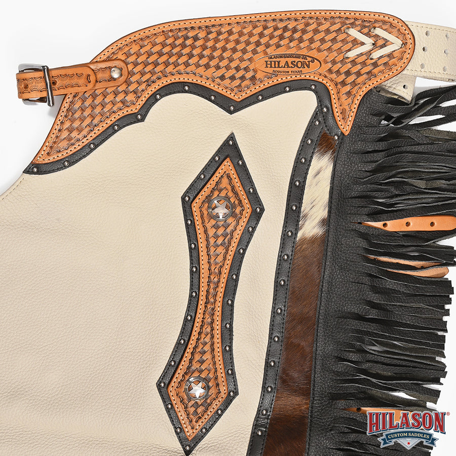 HILASON Bull Riding Chinks Rodeo Bronc Smooth Leather White Adult | Handmade Chaps Western for Adults Hand Tooled