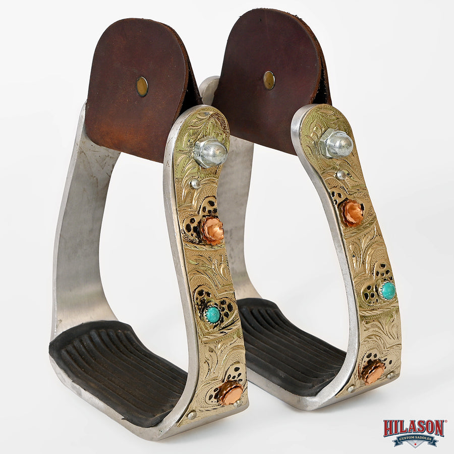 HILASON Saddle Stirrup Stirrups Pair Western Engraved Aluminum Brass Overlays Turquoise Inlays Rubber Treads