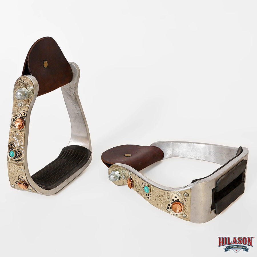 HILASON Saddle Stirrup Stirrups Pair Western Engraved Aluminum Brass Overlays Turquoise Inlays Rubber Treads