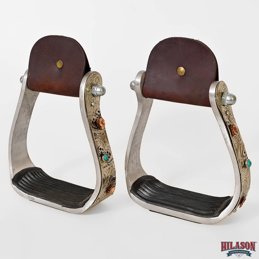 HILASON Saddle Stirrup Stirrups Pair Western Engraved Aluminum Brass Overlays Turquoise Inlays Rubber Treads
