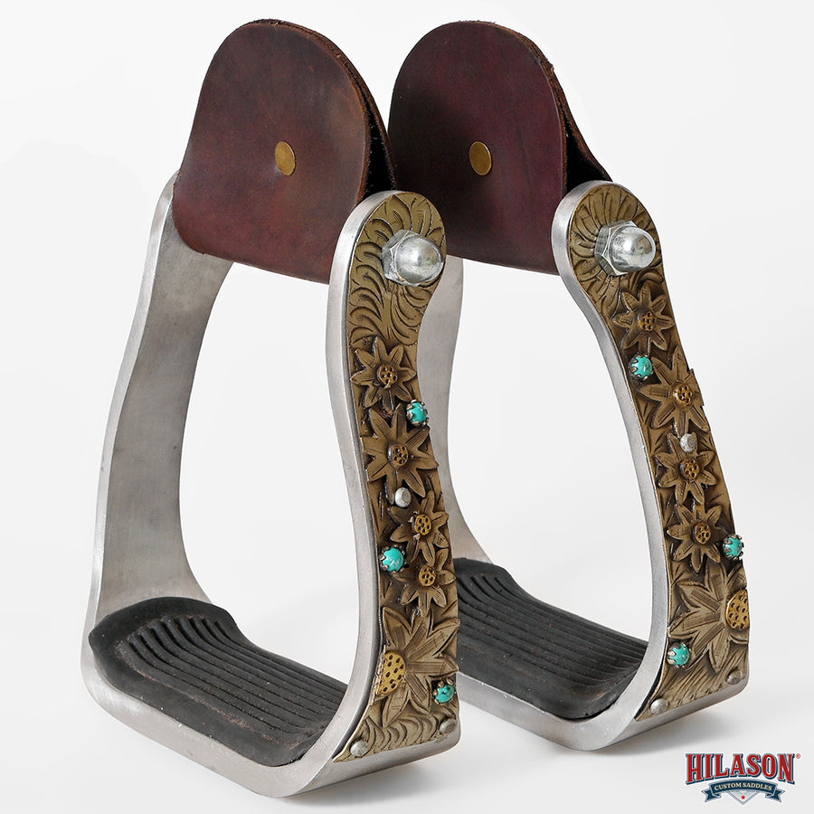 HILASON Western Saddle Stirrup Stirrups Pair Engraved Antique Brass Sunflower Turquoise Inlay Rubber Tread Pair