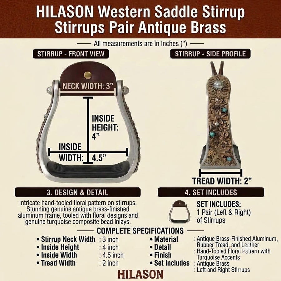 HILASON Western Saddle Stirrup Stirrups Pair Engraved Antique Brass Sunflower Turquoise Inlay Rubber Tread Pair