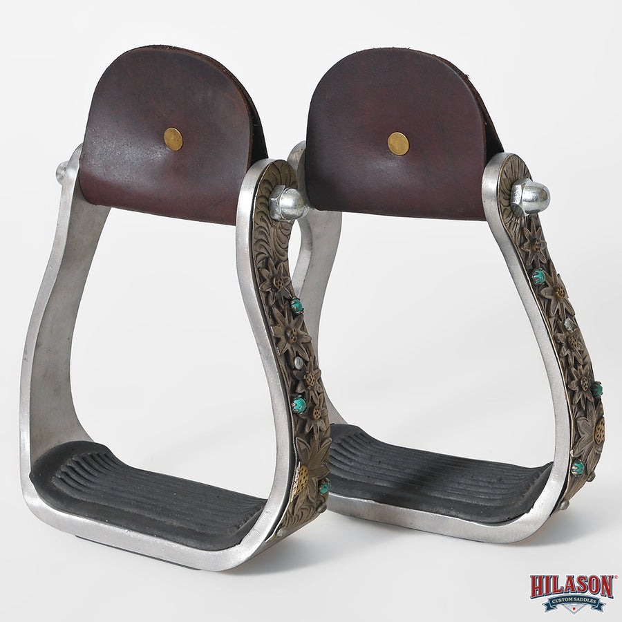 HILASON Western Saddle Stirrup Stirrups Pair Engraved Antique Brass Sunflower Turquoise Inlay Rubber Tread Pair