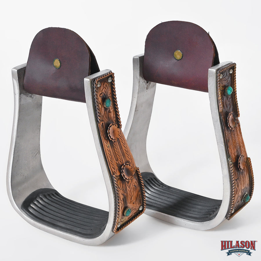 HILASON Western Saddle Stirrup Stirrups Pair Engraved Copper Flower Concho Turquoise Inlay Rubber Tread Pair