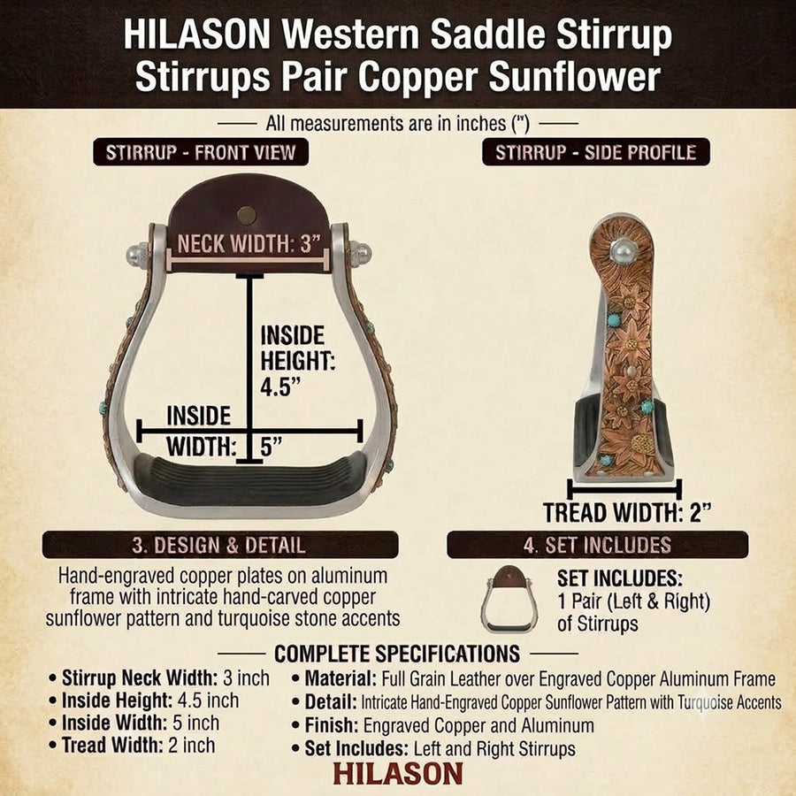 HILASON Western Saddle Stirrup Stirrups Pair Engraved Copper Sunflower Turquoise Inlay Rubber Tread Aluminum Pair