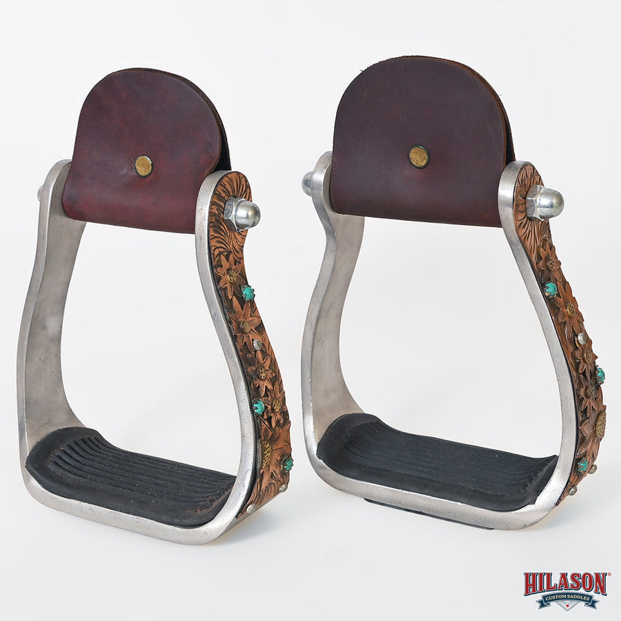 HILASON Western Saddle Stirrup Stirrups Pair Engraved Copper Sunflower Turquoise Inlay Rubber Tread Aluminum Pair