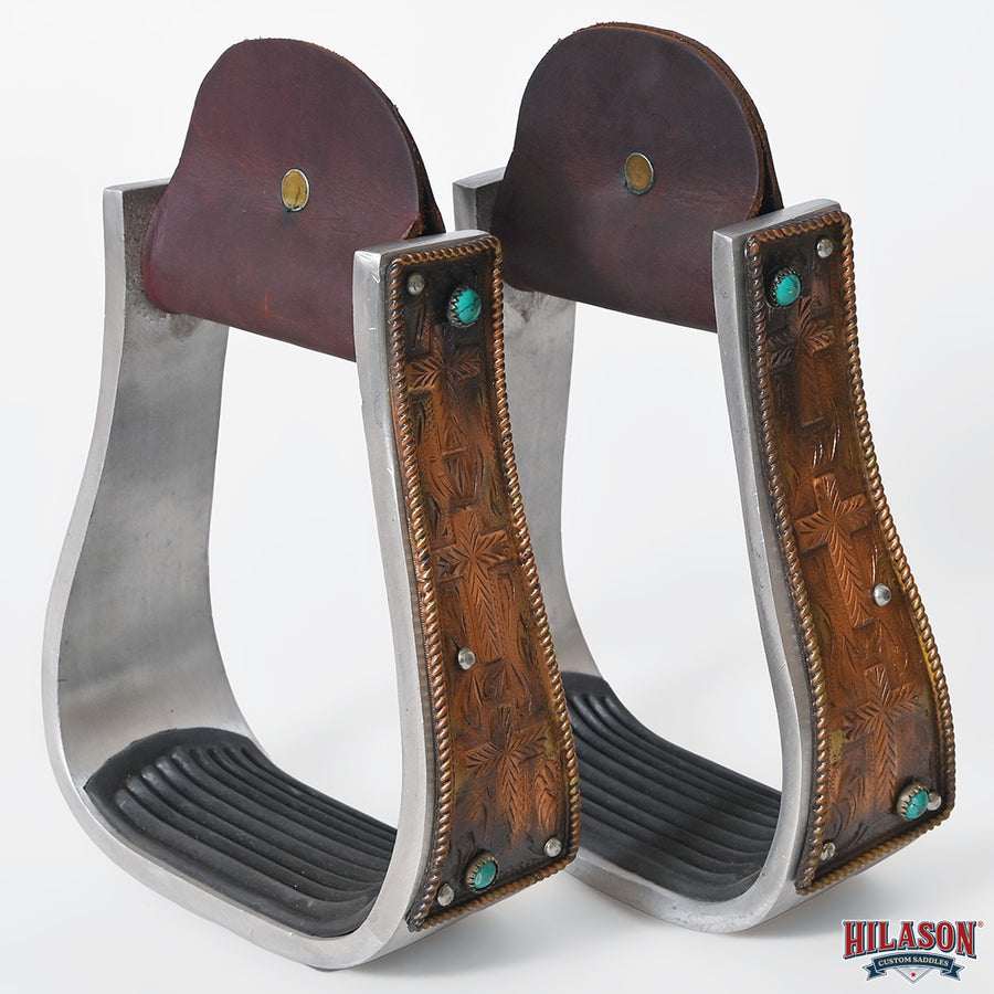 HILASON Western Saddle Stirrup Stirrups Pair Engraved Copper Crosses Turquoise Inlay Rubber Tread Aluminum Pair