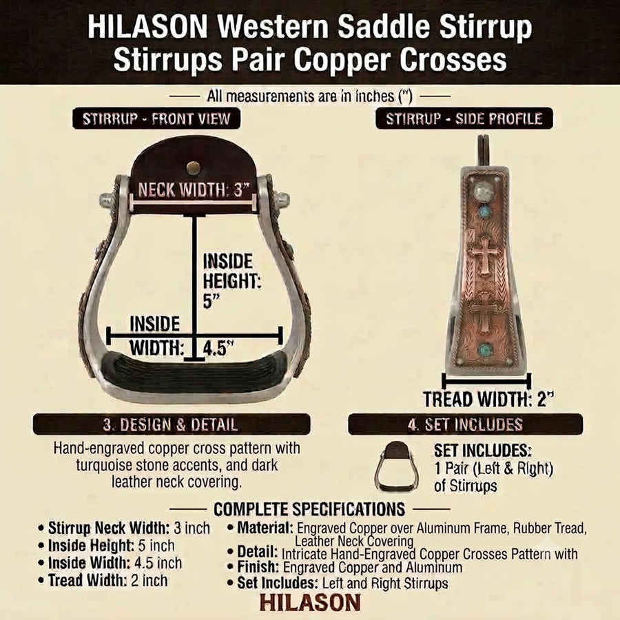 HILASON Western Saddle Stirrup Stirrups Pair Engraved Copper Crosses Turquoise Inlay Rubber Tread Aluminum Pair